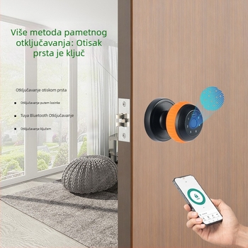 Sferična pametna brava za drvena vrata — unutarnji pristup lozinkom i ključem, DC napajanje, model 530-DZML, 15 otisaka prstiju, >100000 otključavanja, skeniranje 0,01 s, radna temperatura -20 do 60°C