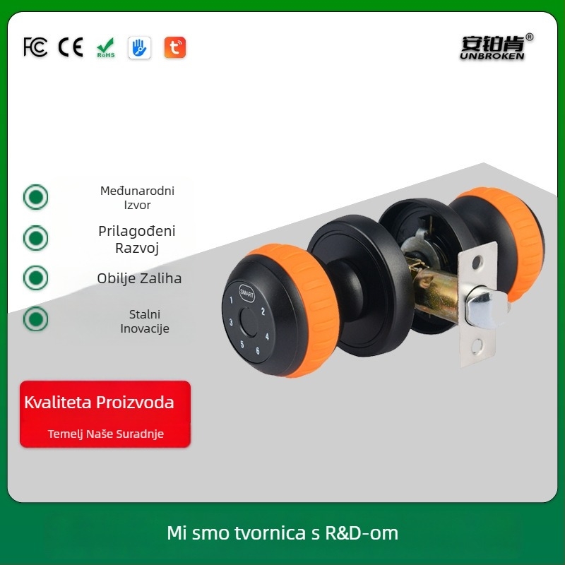 Sferična pametna brava za drvena vrata — unutarnji pristup lozinkom i ključem, DC napajanje, model 530-DZML, 15 otisaka prstiju, >100000 otključavanja, skeniranje 0,01 s, radna temperatura -20 do 60°C