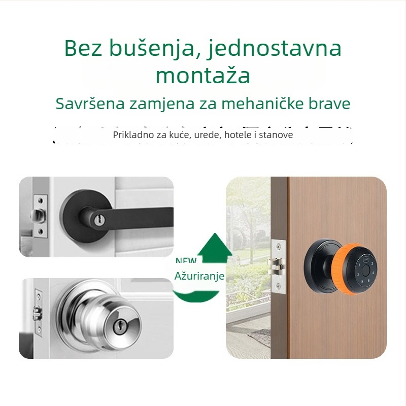 Sferična pametna brava za drvena vrata — unutarnji pristup lozinkom i ključem, DC napajanje, model 530-DZML, 15 otisaka prstiju, >100000 otključavanja, skeniranje 0,01 s, radna temperatura -20 do 60°C