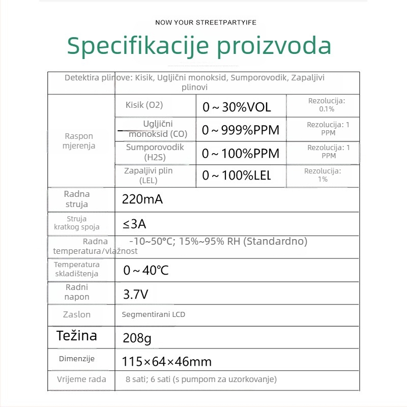 Hima AS8900H Prijenosni četveroznačni detektor plinova za sumporovodik (H2S), ugljični monoksid (CO), zapaljive plinove i kisik