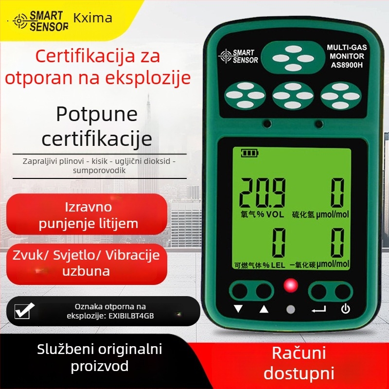 Hima AS8900H Prijenosni četveroznačni detektor plinova za sumporovodik (H2S), ugljični monoksid (CO), zapaljive plinove i kisik