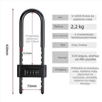 Katanac s kodom za staklena vrata - U-oblik, vodootporan i otporan na hrđu, materijal: legura + cinkova legura, jednostavan model, OEM-kompatibilno, moderan minimalistički stil