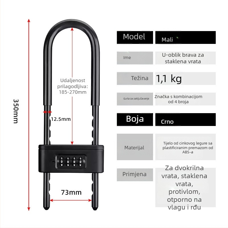 Katanac s kodom za staklena vrata - U-oblik, vodootporan i otporan na hrđu, materijal: legura + cinkova legura, jednostavan model, OEM-kompatibilno, moderan minimalistički stil