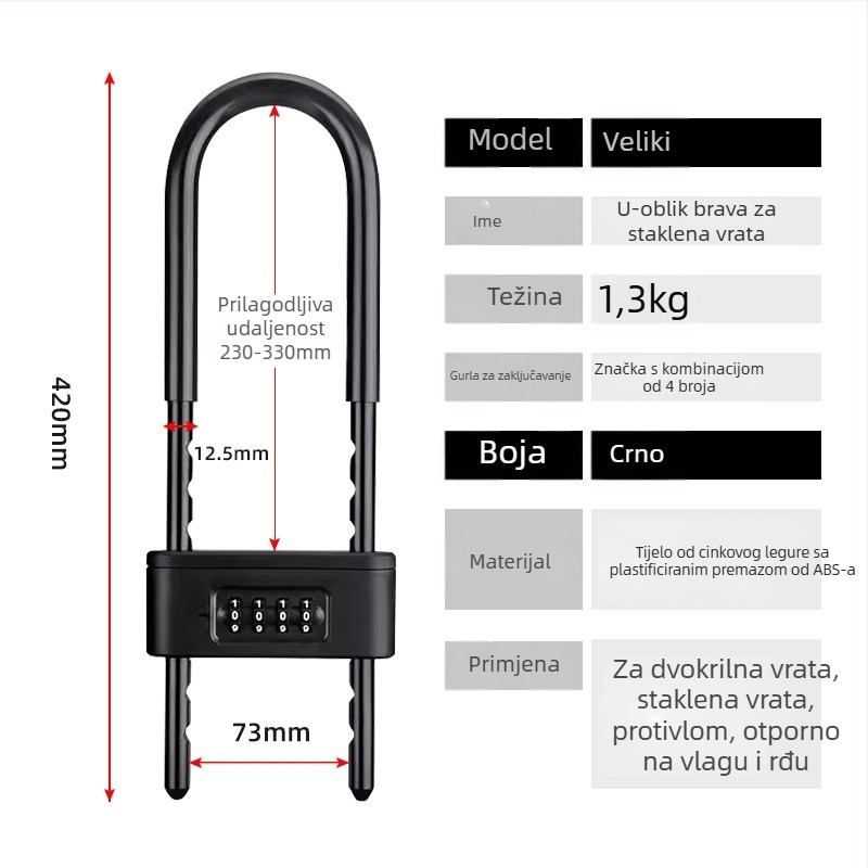 Katanac s kodom za staklena vrata - U-oblik, vodootporan i otporan na hrđu, materijal: legura + cinkova legura, jednostavan model, OEM-kompatibilno, moderan minimalistički stil