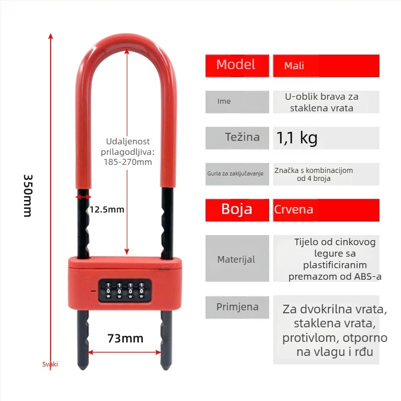 Katanac s kodom za staklena vrata - U-oblik, vodootporan i otporan na hrđu, materijal: legura + cinkova legura, jednostavan model, OEM-kompatibilno, moderan minimalistički stil
