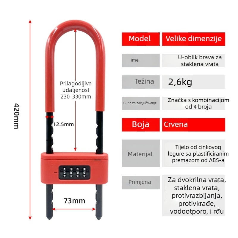Katanac s kodom za staklena vrata - U-oblik, vodootporan i otporan na hrđu, materijal: legura + cinkova legura, jednostavan model, OEM-kompatibilno, moderan minimalistički stil