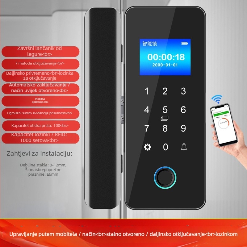 Biometrijska ključavnica za staklena vrata – Model ZL718, Materijal: ABS + legura, Pogodna za vrata od stakla, drveta i metala (ramirana i neramirana), Kontrola pristupa za ured i trgovinu, Moderan minimalistički stil