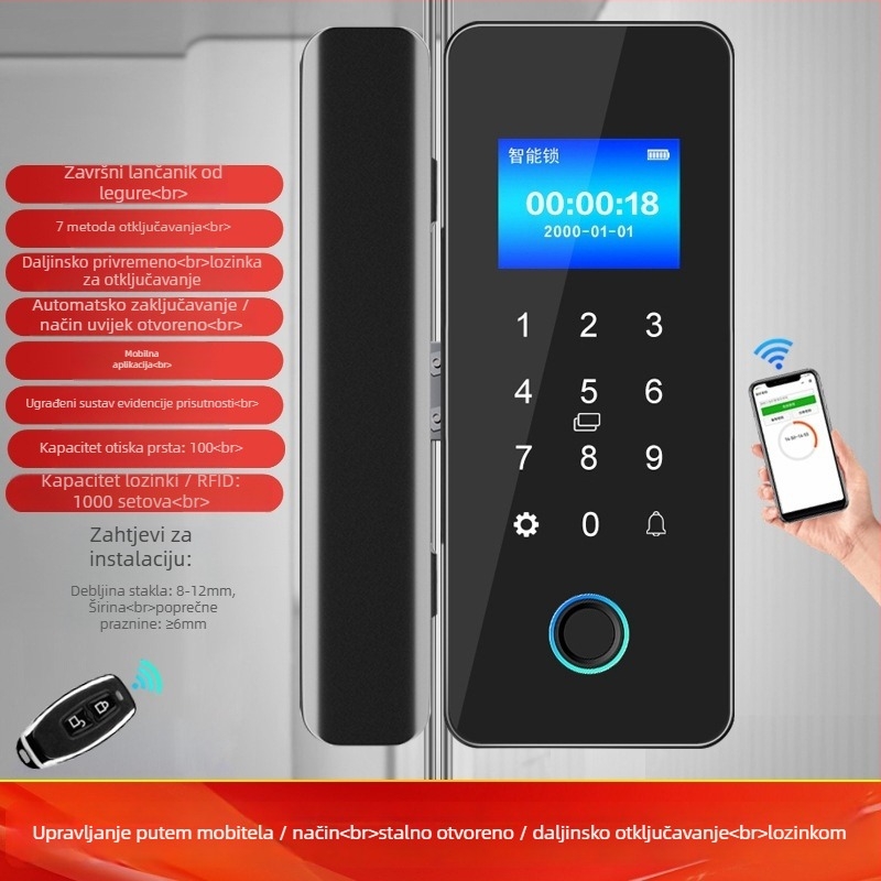 Biometrijska ključavnica za staklena vrata – Model ZL718, Materijal: ABS + legura, Pogodna za vrata od stakla, drveta i metala (ramirana i neramirana), Kontrola pristupa za ured i trgovinu, Moderan minimalistički stil