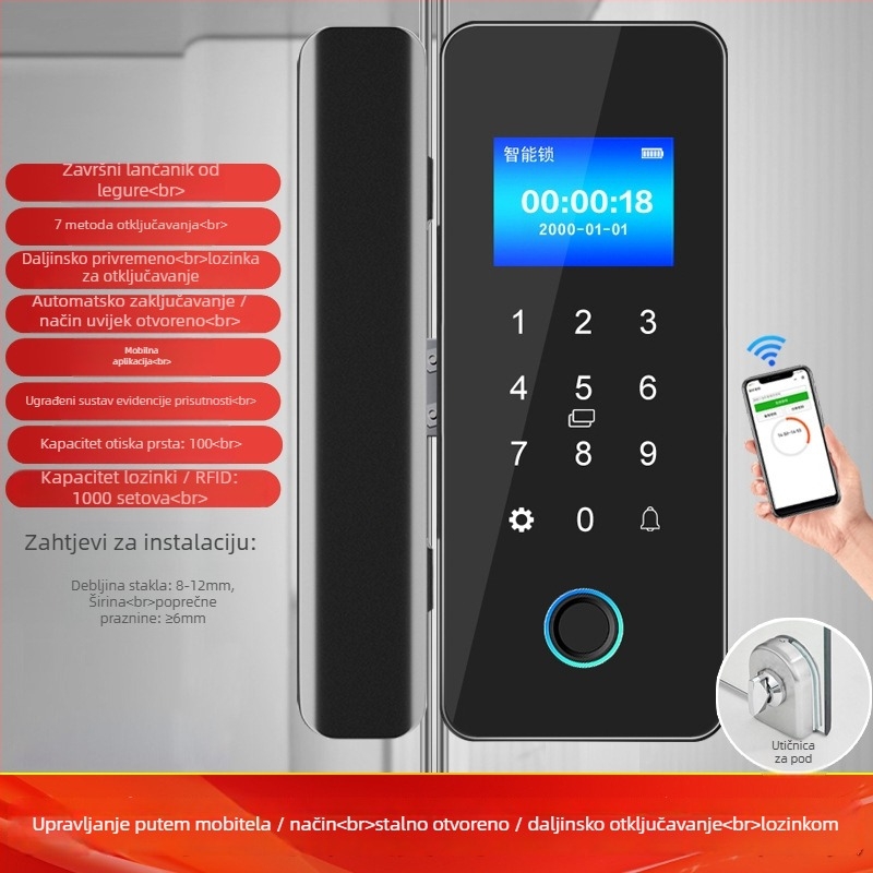 Biometrijska ključavnica za staklena vrata – Model ZL718, Materijal: ABS + legura, Pogodna za vrata od stakla, drveta i metala (ramirana i neramirana), Kontrola pristupa za ured i trgovinu, Moderan minimalistički stil