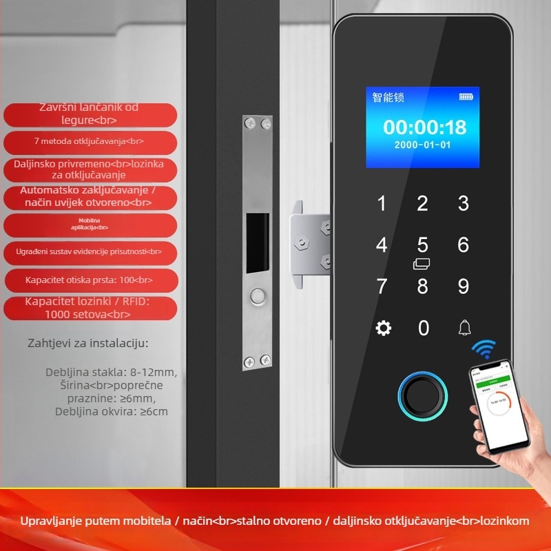 Biometrijska ključavnica za staklena vrata – Model ZL718, Materijal: ABS + legura, Pogodna za vrata od stakla, drveta i metala (ramirana i neramirana), Kontrola pristupa za ured i trgovinu, Moderan minimalistički stil