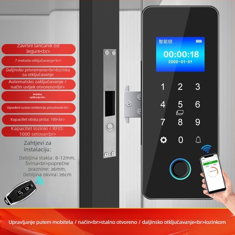 Biometrijska ključavnica za staklena vrata – Model ZL718, Materijal: ABS + legura, Pogodna za vrata od stakla, drveta i metala (ramirana i neramirana), Kontrola pristupa za ured i trgovinu, Moderan minimalistički stil
