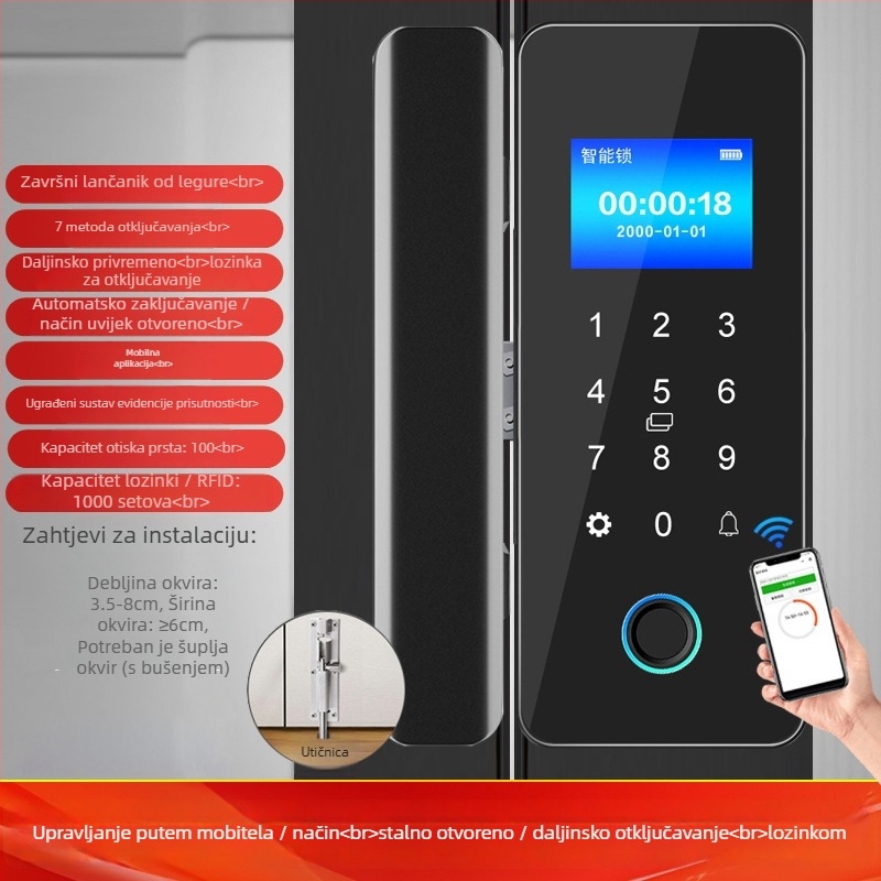 Biometrijska ključavnica za staklena vrata – Model ZL718, Materijal: ABS + legura, Pogodna za vrata od stakla, drveta i metala (ramirana i neramirana), Kontrola pristupa za ured i trgovinu, Moderan minimalistički stil
