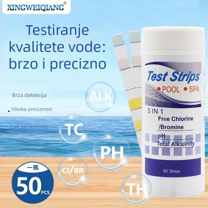 5-u-1 test trake za bazene i termalne izvore: preostali klor, pH vrijednost, alkalnost, tvrdoća, 50 traka u bočici