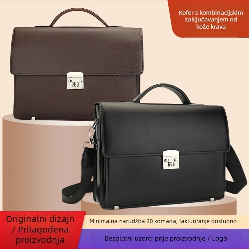 Muška kožna poslovna torba s zaključavanjem lozinkom, prvi sloj goveđe kože, prugasti uzorak, poliester podstava, za poslovna putovanja