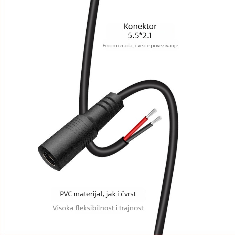 DC5521 ženski napajajući kabel, 0,3 mm², 2 vodiča, PVC izolacija, za nadzorne kamere, LED panelima i testnu opremu.