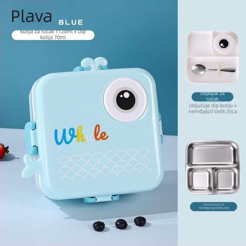 Kutija za ručak od 304 nehrđajućeg čelika, tri odjeljka, karikatura dizajn za učenike, 1-2 L, kompatibilna s mikrovalnom pećnicom, zatvorena