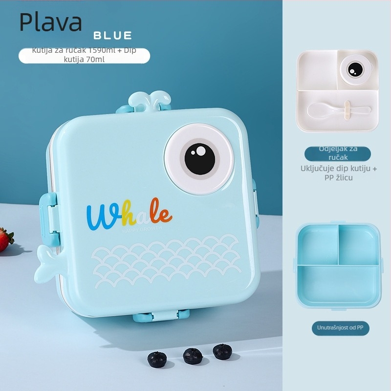 Kutija za ručak od 304 nehrđajućeg čelika, tri odjeljka, karikatura dizajn za učenike, 1-2 L, kompatibilna s mikrovalnom pećnicom, zatvorena