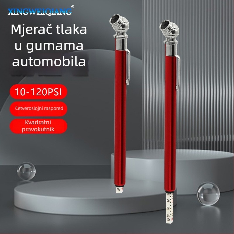 Mjerac tlaka u gumama, pero-tip, raspon 10–120 PSI, nehrđajući čelik cijev + plastična glava, za automobile, Xing Wei Qiang