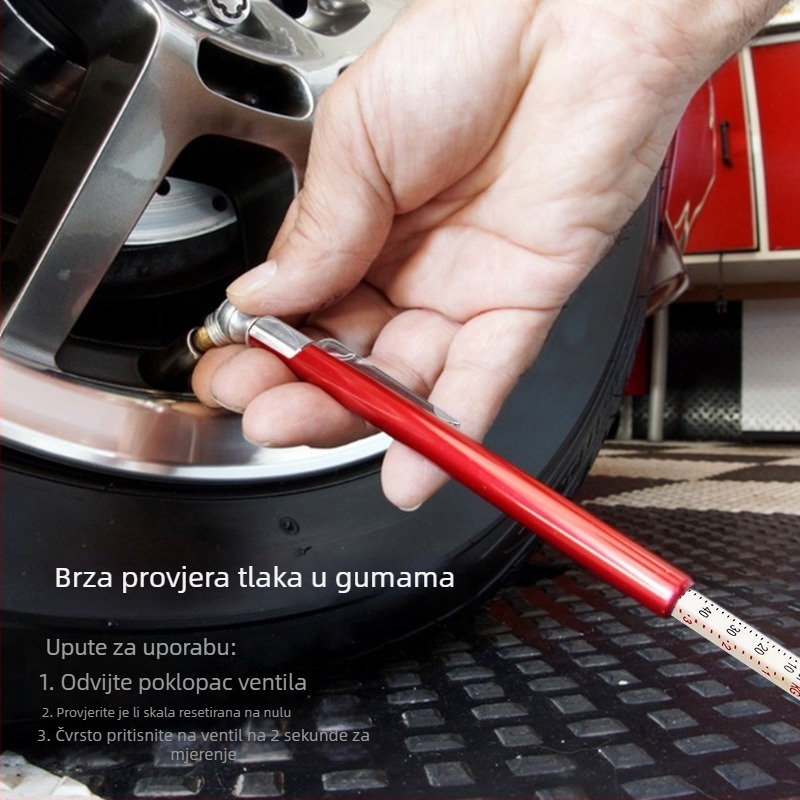 Mjerac tlaka u gumama, pero-tip, raspon 10–120 PSI, nehrđajući čelik cijev + plastična glava, za automobile, Xing Wei Qiang