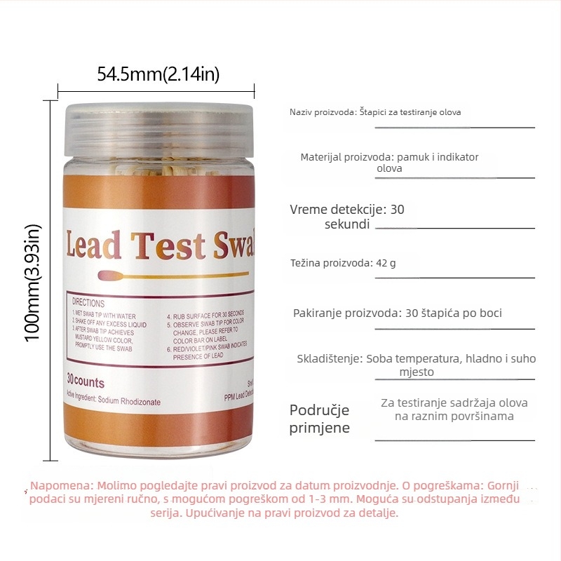 Tampon za ispitivanje sadržaja olova u kozmetici za laboratorijsku i kućnu upotrebu (Ispitivanje olova na površinskim premazima objekata; Primjena: kozmetika; Značka: Prosperity)