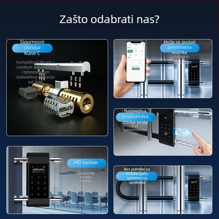 U-oblik zaključavanje s otiskom prsta i lozinkom, za uredske staklene vrata, cinkova legura