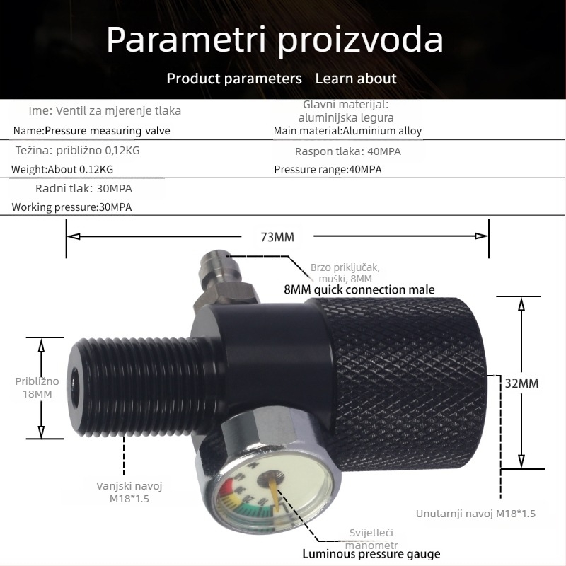 Ventil za ispitivanje tlaka • 40 MPa • M18x1.5 navoj • aluminijska legura • za ispitivanje tlaka