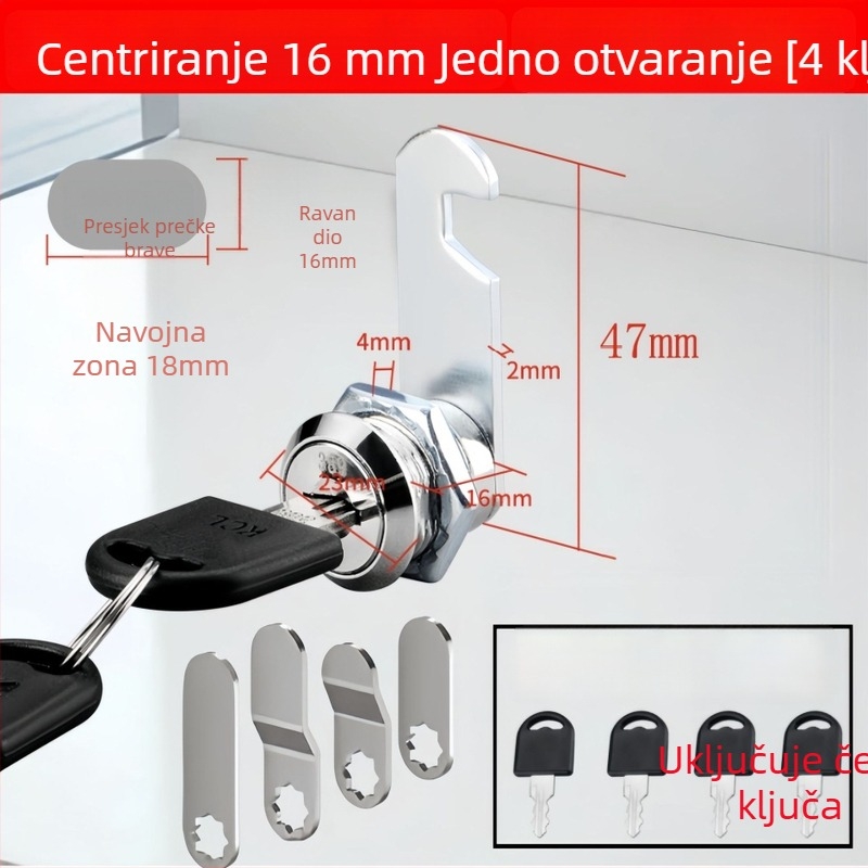 Brave ormarića od cinkovog legura, Model 103, set od četiri brave sa četiri ključa, za željezne ormare, garderobe, ormariće za dokumente, poštanske sandučiće i drvene ormare
