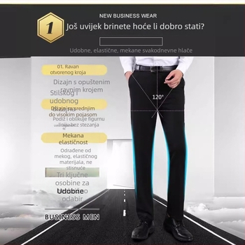 Muške poslovne hlače – visoki struk, debeli materijal, bez glačanja, ravni kroj, elastični poliester