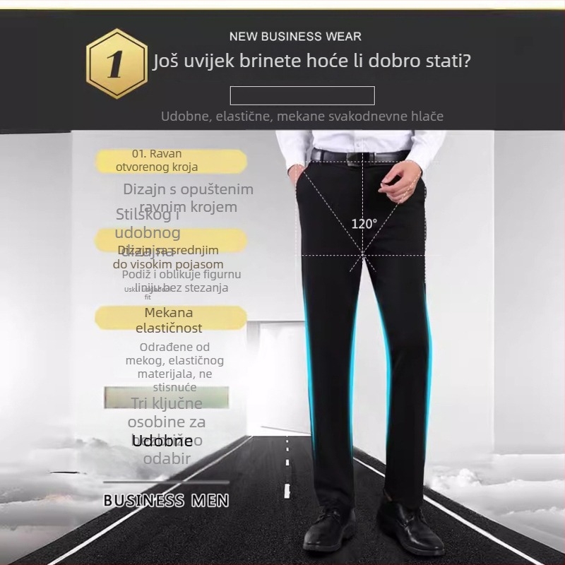 Muške poslovne hlače – visoki struk, debeli materijal, bez glačanja, ravni kroj, elastični poliester