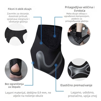 Stabilizator gležnja, prozračan, s ravnomjernim rasporedom sile za sportove (Glavni materijali: OK tkanina, potapajući materijal, Lycra; Zaštita gležnja; Sportovi: košarka, nogomet, badminton, fitness)