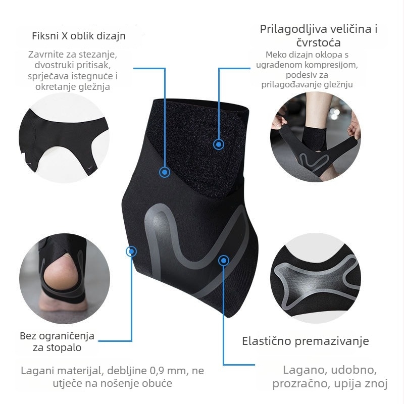 Stabilizator gležnja, prozračan, s ravnomjernim rasporedom sile za sportove (Glavni materijali: OK tkanina, potapajući materijal, Lycra; Zaštita gležnja; Sportovi: košarka, nogomet, badminton, fitness)