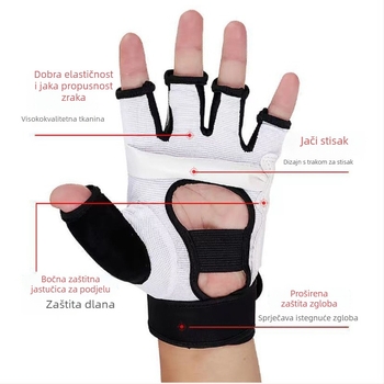 Kombinirana sportska zaštita za ruke i noge za trening – rukavice za boksa s polu prstima; zaštita dlanova i zapešća; Marka: Aocheng sports; Glavni materijal: dijamantno otporna koža na stražnjoj strani ruke + visoko kvalitetan materijal na dlanu; Pogodno 