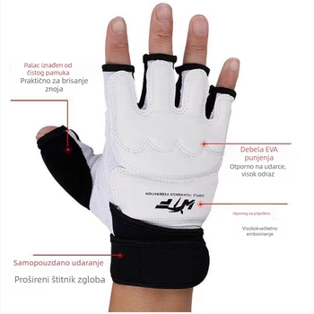 Kombinirana sportska zaštita za ruke i noge za trening – rukavice za boksa s polu prstima; zaštita dlanova i zapešća; Marka: Aocheng sports; Glavni materijal: dijamantno otporna koža na stražnjoj strani ruke + visoko kvalitetan materijal na dlanu; Pogodno 