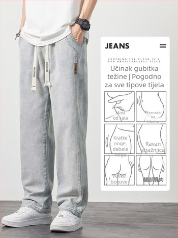 Muške traperice – retro američki stil, slobodnog kroja ravne nogavice, srednji pojas, pamuk denim, tanka tkanina, za proljeće i jesen