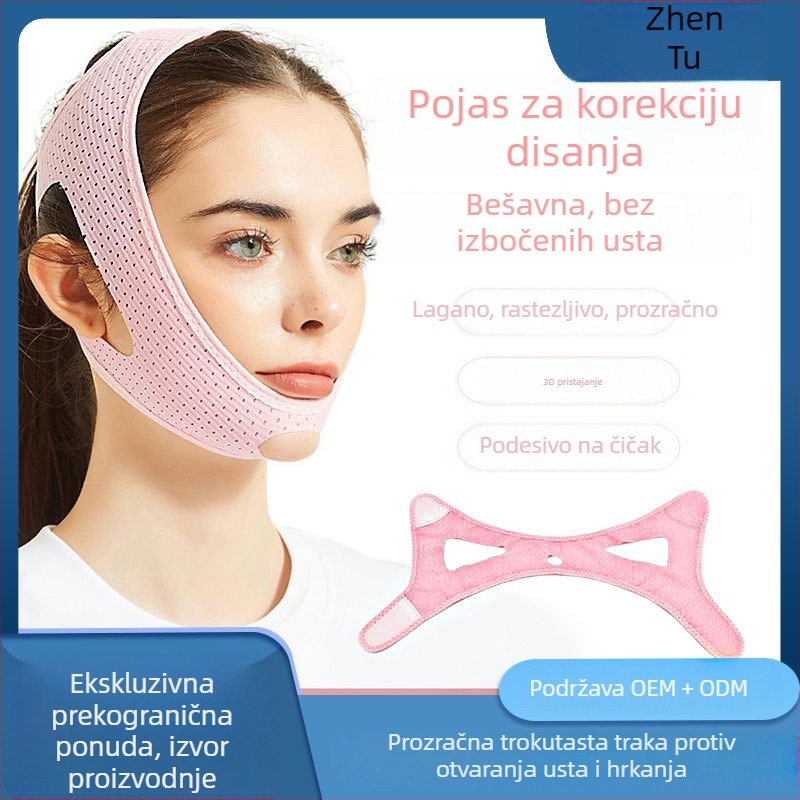 Prozračna trokutasta traka protiv hrkanja, koja sprječava otvaranje usta, fiksator za hrkanje i korektor disanja kroz usta, pojas za podršku brade
