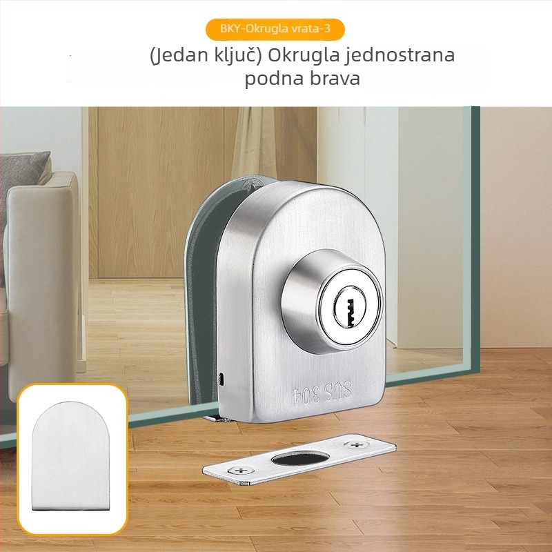 Katanac za staklena vrata od 304 nerđajućeg čelika, model XQZ-BLMS-010, bezokvirne klizne vrata, podni zaključavanje, za ured/trgovina, ugradnja bez bušenja
