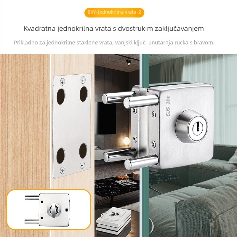 Katanac za staklena vrata od 304 nerđajućeg čelika, model XQZ-BLMS-010, bezokvirne klizne vrata, podni zaključavanje, za ured/trgovina, ugradnja bez bušenja
