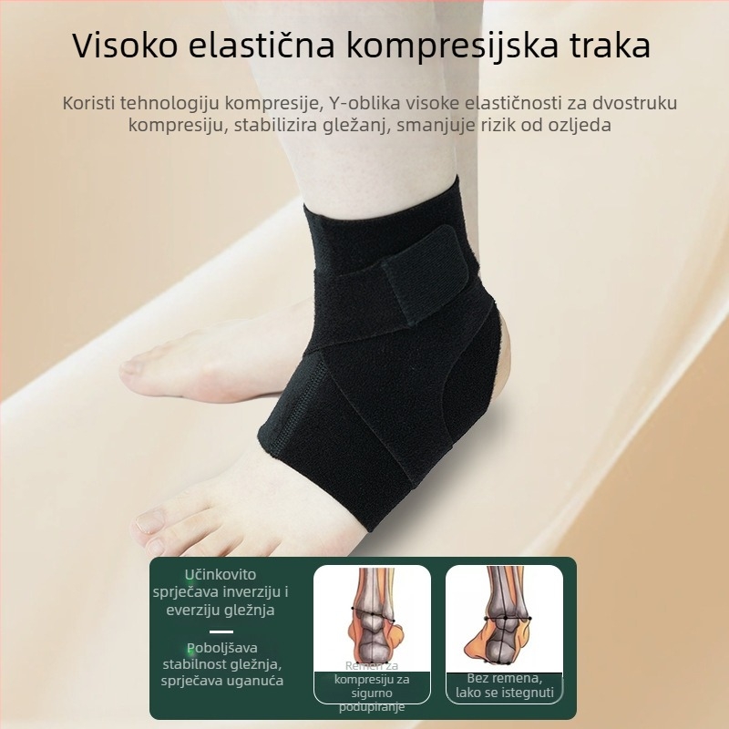 Gležanjska potpora s dvostrukom kompresijom, prilagodljiva zaštita od iščašenja, konstrukcija od najlona-spandeksa-velcro, pogodna za košarku, nogomet, badminton i fitness
