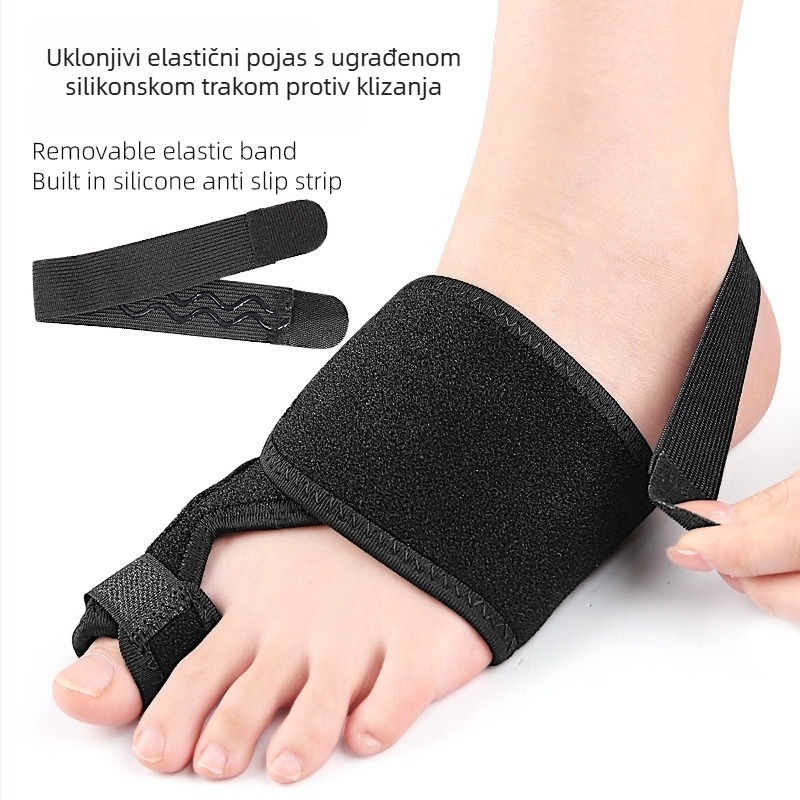 Zaštitna rukav na palac nožnog s unutarnjim i vanjskim separatorima; materijali: OK tkanina, SBR, poliester, aluminijska traka, silikon, Velcro; marka Foot Product Collection; korištenje tijekom cijele godine.