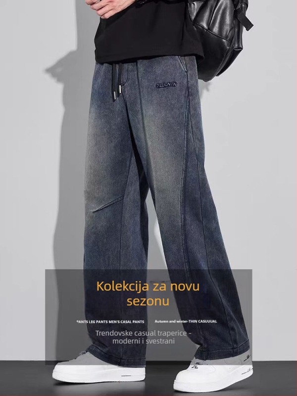 Traperice - Vintage ravne krojenje (pamuk denim s elastanom, mikroelastičnost, fleece unutarnja podstava, srednji struk, zatvaranje vrpcom)
