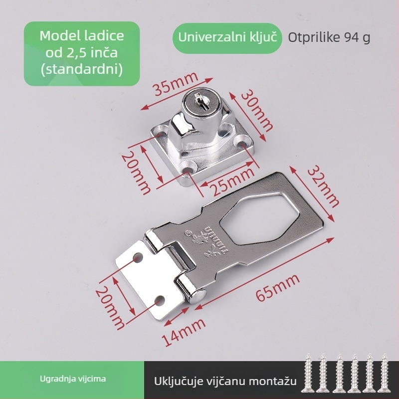 Namještajno zaključavanje bez bušenja — za ormariće, ladice, vrata i garderobu; metalno, galvanizirana završna obrada, moderni minimalistički stil