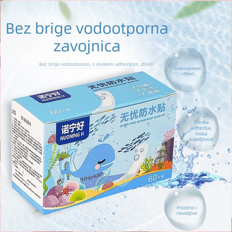 Vodootporni flaster – proziran, prozračan, visoka adhezija; materijal PE; debljina 0,05 mm; za kupanje i plivanje.