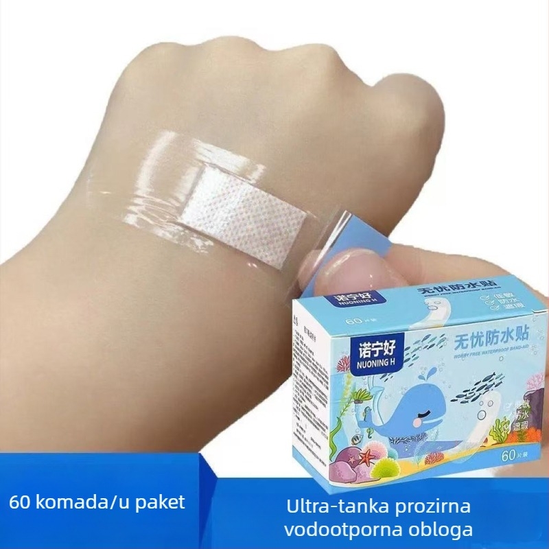 Vodootporni flaster – proziran, prozračan, visoka adhezija; materijal PE; debljina 0,05 mm; za kupanje i plivanje.