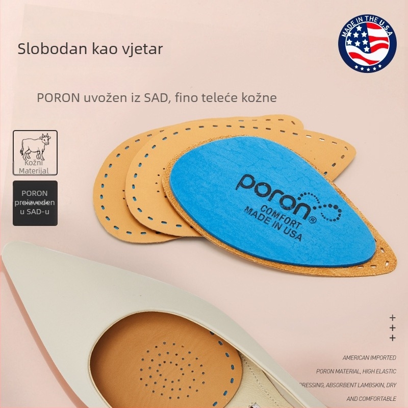 Prednja stran uloška od goveđe kože s PORON – protuklizna, otporna na habanje, prozračna, debeli pola ulošak za visoke pete; pogodno za kožne cipele, čizme, casual i radne cipele; sve sezone; unisex