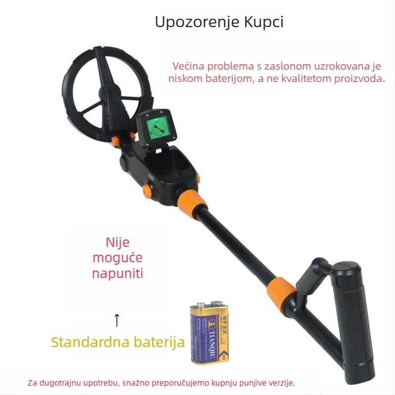 MD-1008A Dječji detektor metala; domet detekcije 0–40 cm; prepoznaje novčiće, bakrene novčiće i zlatne prstene; zvučni alarm.