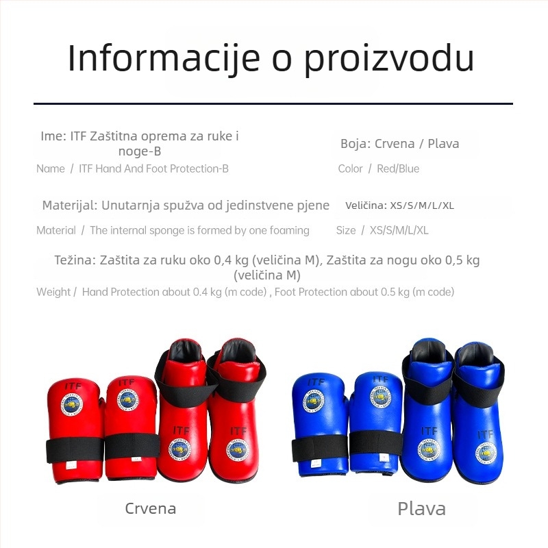 ITF set zaštitne opreme za ruke i noge za Taekwondo — zaštita dlanova, zglobova i gležnjeva; tijelo od spužve; ITF Taekwondo