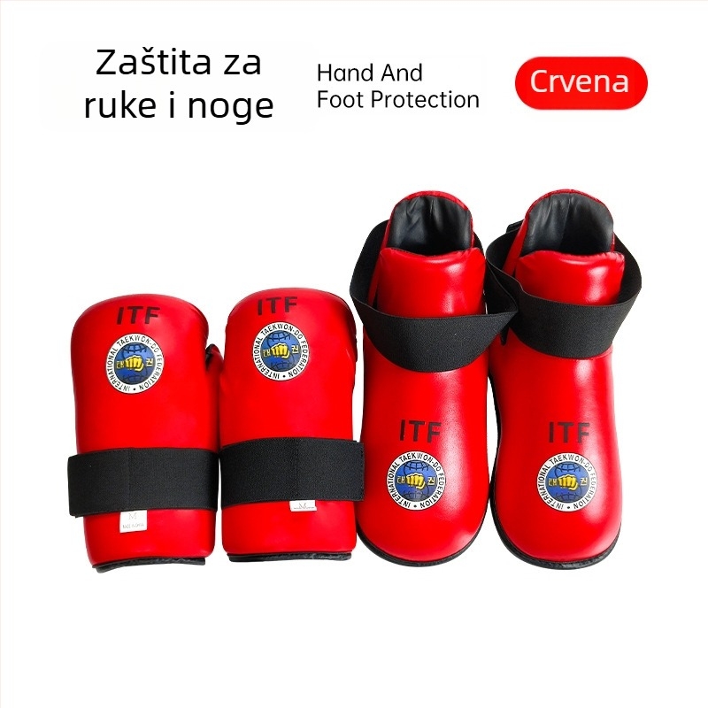 ITF set zaštitne opreme za ruke i noge za Taekwondo — zaštita dlanova, zglobova i gležnjeva; tijelo od spužve; ITF Taekwondo