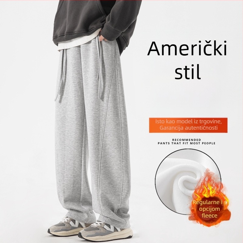 Muške trenirke s fleece podstavom i zakrivljenim rubom, ravni kroj, srednje visoki pojas i vezanje, višestruke džepove