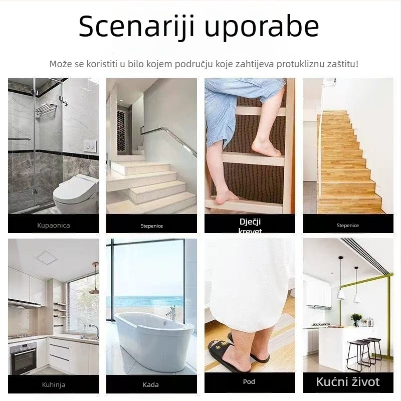 Prozirna PVC protuklizna samoljepljiva traka za kupaonicu, stepenice i podove – debljina 0,8 mm, vodootporna, visoka prionjivost, temperaturni raspon 80–150°C.