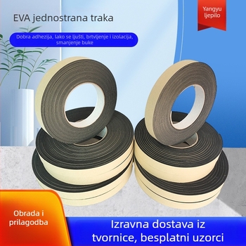 Eva pjena jednodjelna traka za ublažavanje udara, protuklizna i vodootporna samoljepljiva brtvena traka; debljina 1–10 mm; dugotrajna temperaturna otpornost 60°C; kratkotrajna 80°C; podloga: pjena; sustav ljepila: vinil
